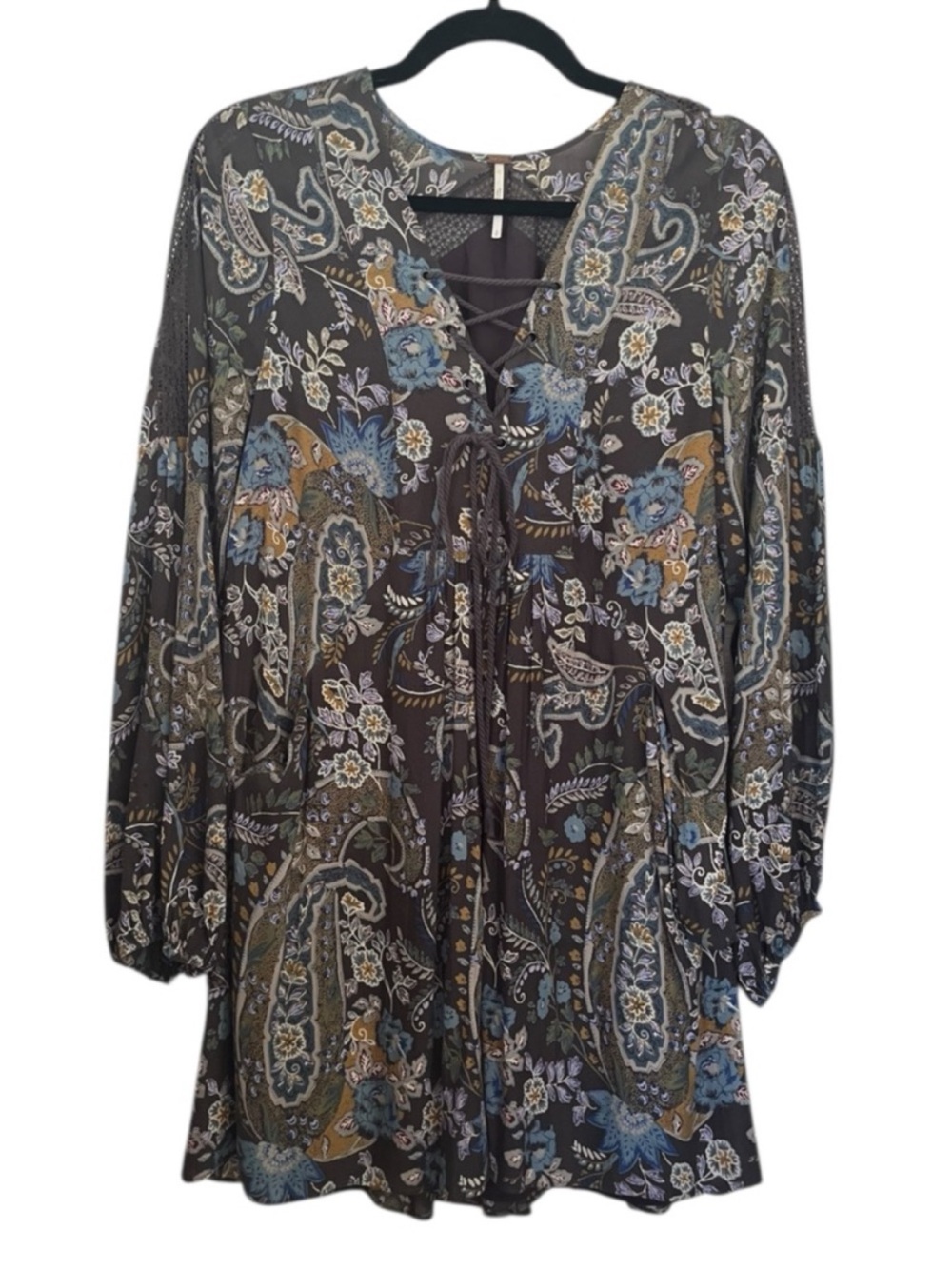 Free People Charcoal Floral Paisley Lace-Up Mini Dress - Picture 2 of 5